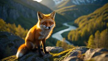 Fox Sits on Mountain Overlooking Landscape photo