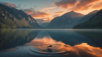 Fish Jumping in Lake at Sunrise with Mountain Background photo