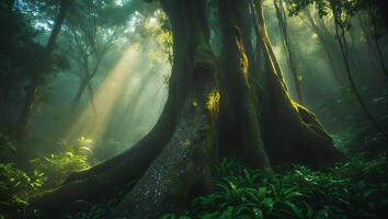 Lush Rainforest with Giant Tree and Sun Rays photo