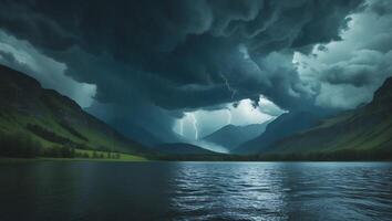 Mountain Storm with Lightning Over Lake Landscape photo