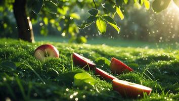 Apple on Grass in Sunlight photo