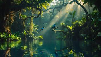 Tropical Birds in Jungle Pond with Sun Rays photo