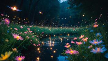 Fireflies and Flowers at Dusk photo