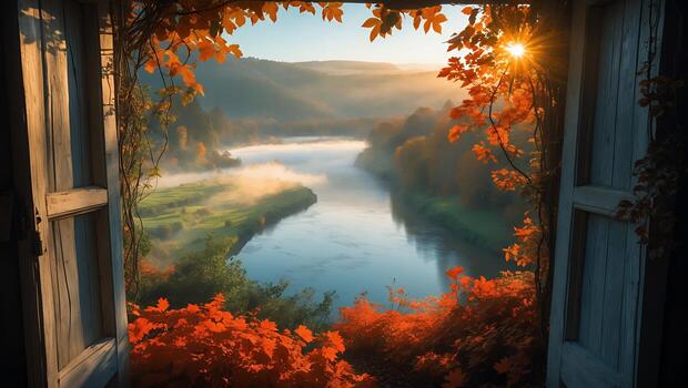 Autumn River View Through Window photo