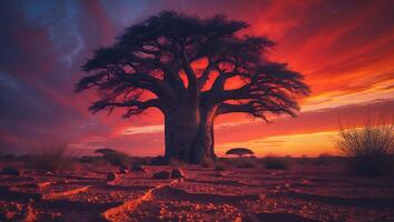 Baobab Tree at Sunset in Arid Landscape photo