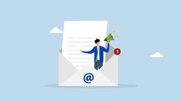 4k animation of entrepreneur positioned inside email envelope proclaiming promotion via megaphone. video