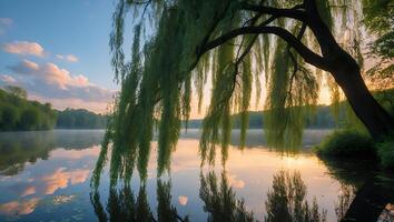 Willow Tree Over Reflective Water at Sunset photo