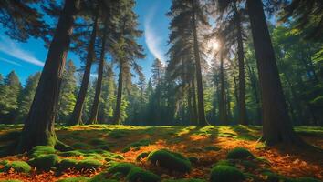 Sunlit Forest with Mossy Ground and Tall Trees photo