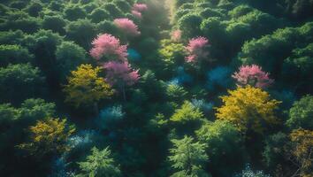 Aerial View of Vibrant Forest with Pink and Yellow Trees photo