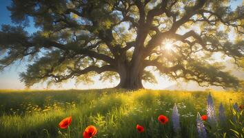 Landscape of a Large Tree in a Field of Wildflowers photo