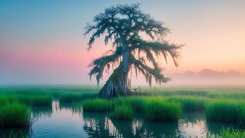 Swamp Tree in Fog at Sunrise photo