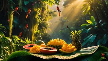 Tropical Fruit and Bird in Jungle photo