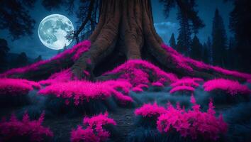 Giant Tree with Pink Bush and Moon at Night photo