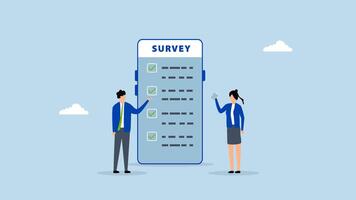 Online survey questionnaire, 4k animation of man and woman using mobile or smartphone to fill in online survey checklist. video