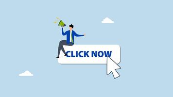 Call to action in online advertising, 4k animation of businessman with megaphone motivate user to click button now. video