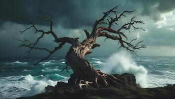 Lone Tree on Cliff with Stormy Ocean Waves in Dark Weather photo