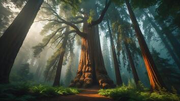 Giant Tree Forest View with Sunlight and Fog photo