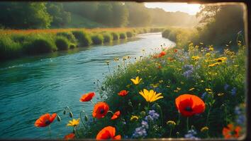 River and Wildflower Meadow Landscape photo