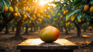 Mango on Wooden Table in Orchard photo
