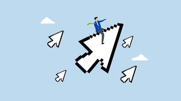 digital marketing, 4k animation of businessman riding digital pixel mouse pointer to click on button. video