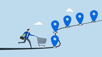 Customer journey, 4k animation of man with trolley shopping cart on customer journey map. video