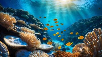 Coral Reef with School of Fish Underwater in Turquoise Water photo