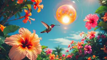 Hummingbird Flying in a Tropical Garden with Hibiscus Flowers and a Bright Orb photo
