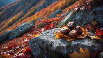 Chestnut on Stone with Autumn Leaves and Mountain Scenery photo