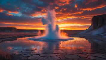 Geyser Eruption at Sunset Desert Landscape photo