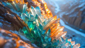 Colorful Mineral Crystal Formations on Rock in Winter Landscape photo