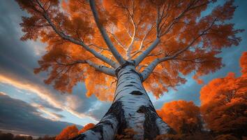 Autumn Birch Tree with Orange Leaves Against Cloudy Sky photo