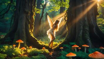 Winged Fairy Standing Among Mushrooms in Forest with Sun Rays photo