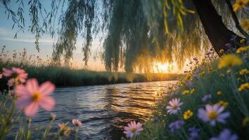River and Flowers at Sunset photo