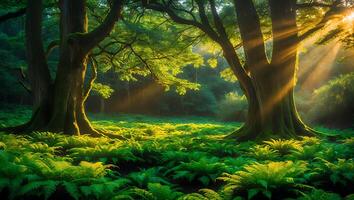 Forest Sunlight Shines Through Trees on Ferns photo
