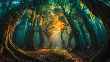 Mystical Forest with Light Rays Shining Through Trees photo