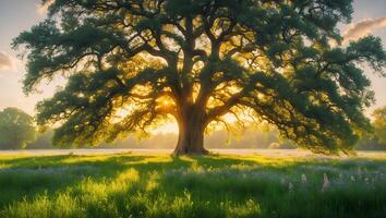 Large Tree with Light Through Branches in Grassy Field photo