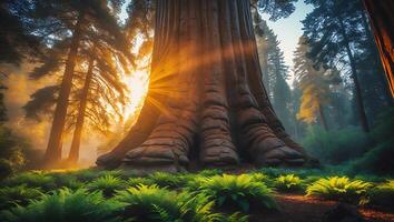 Giant Sequoia Tree in Forest Sunlight Landscape View photo