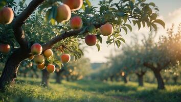 Apple Tree with Ripe Fruits in Orchard at Sunset photo