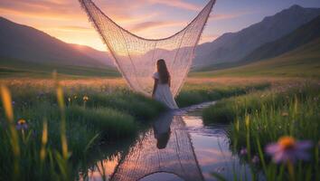 Woman Stands Under Net at Stream in Meadow at Sunset photo