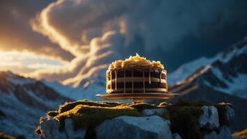 Cake with Caramel Icing Atop Mountain Rocks Against Cloudy Sky photo