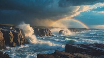 Ocean Cliff View with Breaking Waves and Rainbow photo
