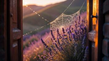 Lavender Field with Cobweb Seen Through Open Door at Sunset photo