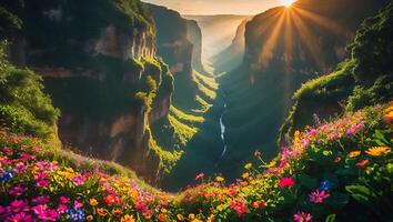 Sunlit Canyon View with Flowers in Foreground photo