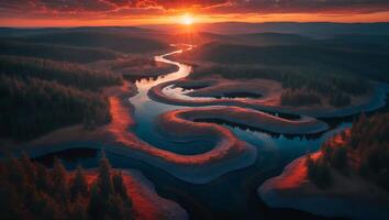 River Winds Through Forest at Sunrise Aerial View photo