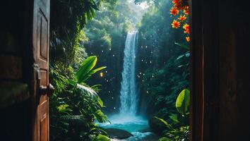 Waterfall View From Open Door Surrounded by Lush Tropical Plants photo