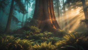 Giant Tree in Forest with Sunlight and Green Ferns photo