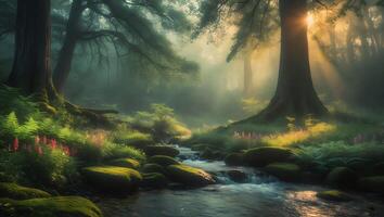 Forest Scene with Stream, Trees, and Light Rays photo