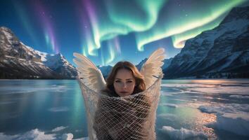 Woman with Wings Standing on Ice with Aurora Borealis photo