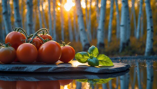 Tomato and Basil with Birch Tree Forest photo