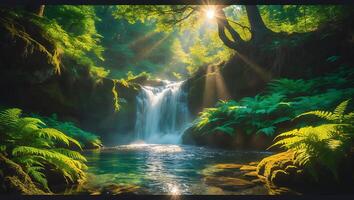 Waterfall in Lush Forest with Sunbeams photo